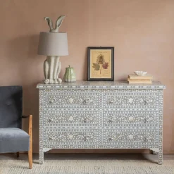 Graham & Green Chests Of Drawers|Chests Of Drawers<Classic Grey Mother of Pearl Small Double Chest of Drawers
