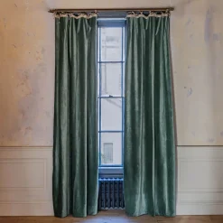 Graham & Green Curtains & Curtain Ties<Dark Sage Velvet Single Curtains