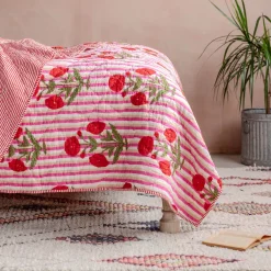 Graham & Green Quilts & Bedding<Floral and Pink Stripe Reversible King Size Quilt