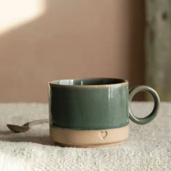 Graham & Green Tableware<Green and Brown Stoneware Mug with Heart Detail