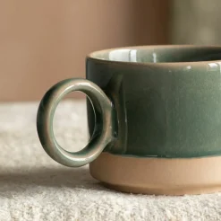 Graham & Green Tableware<Green and Brown Stoneware Mug with Heart Detail