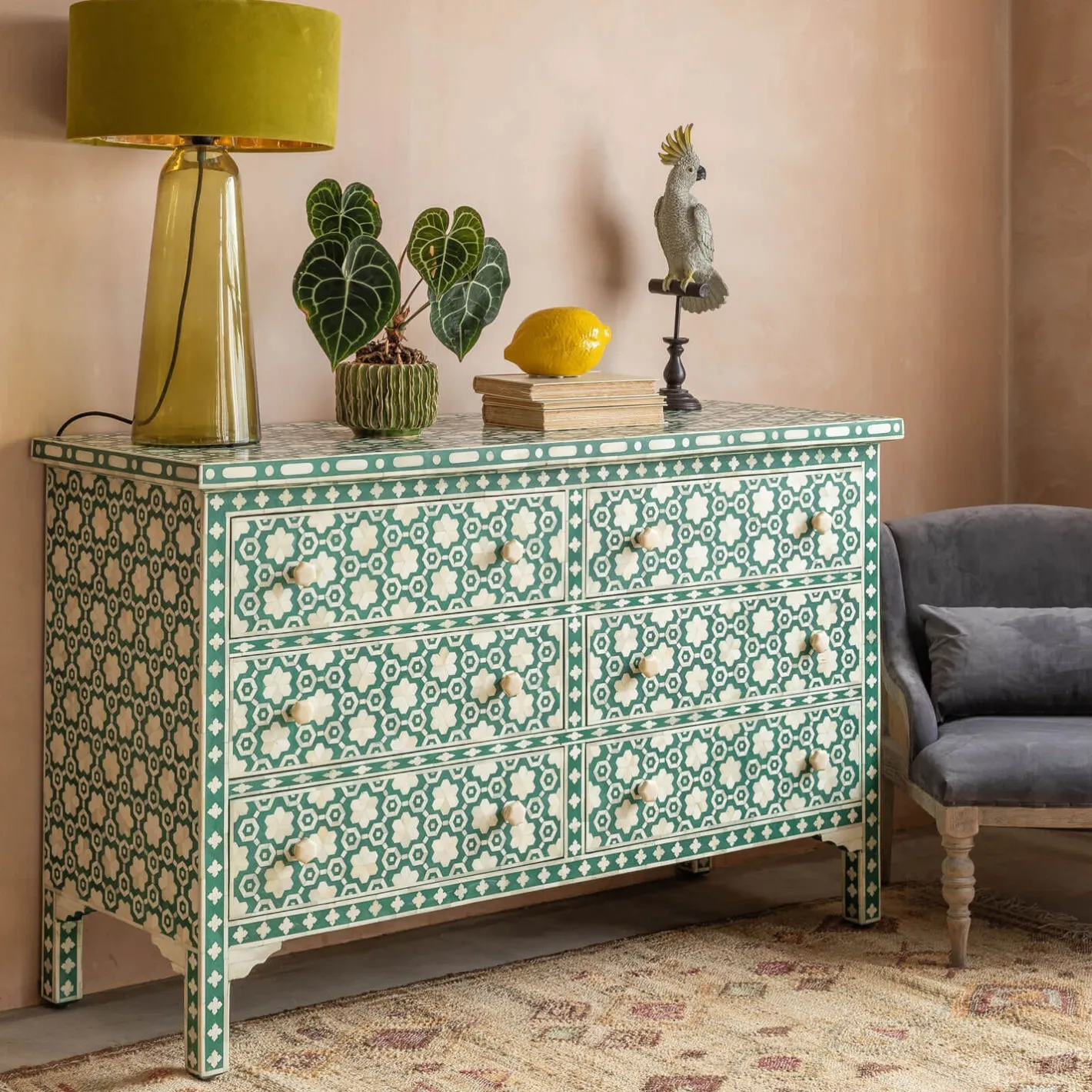 Graham & Green Chests Of Drawers|Chests Of Drawers<Jade Green Floral Bone Inlay Small Double Chest of Drawers