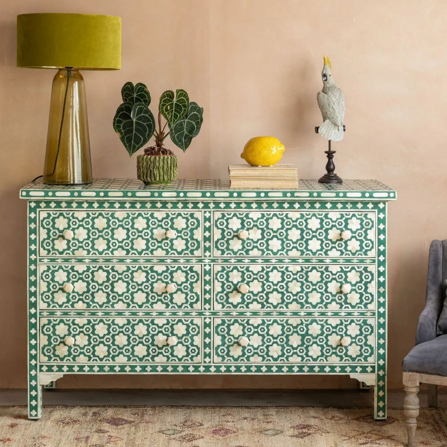 Graham & Green Chests Of Drawers|Chests Of Drawers<Jade Green Floral Bone Inlay Small Double Chest of Drawers