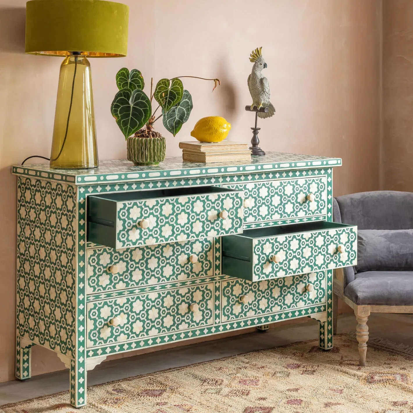 Graham & Green Chests Of Drawers|Chests Of Drawers<Jade Green Floral Bone Inlay Small Double Chest of Drawers