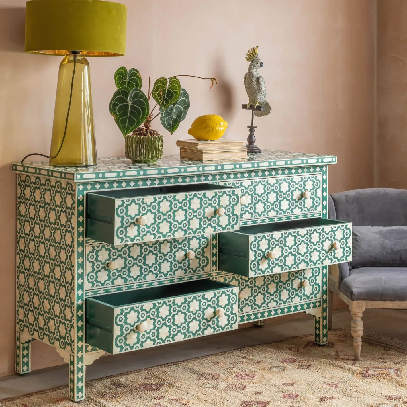 Graham & Green Chests Of Drawers|Chests Of Drawers<Jade Green Floral Bone Inlay Small Double Chest of Drawers