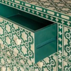 Graham & Green Chests Of Drawers|Chests Of Drawers<Jade Green Floral Bone Inlay Small Double Chest of Drawers