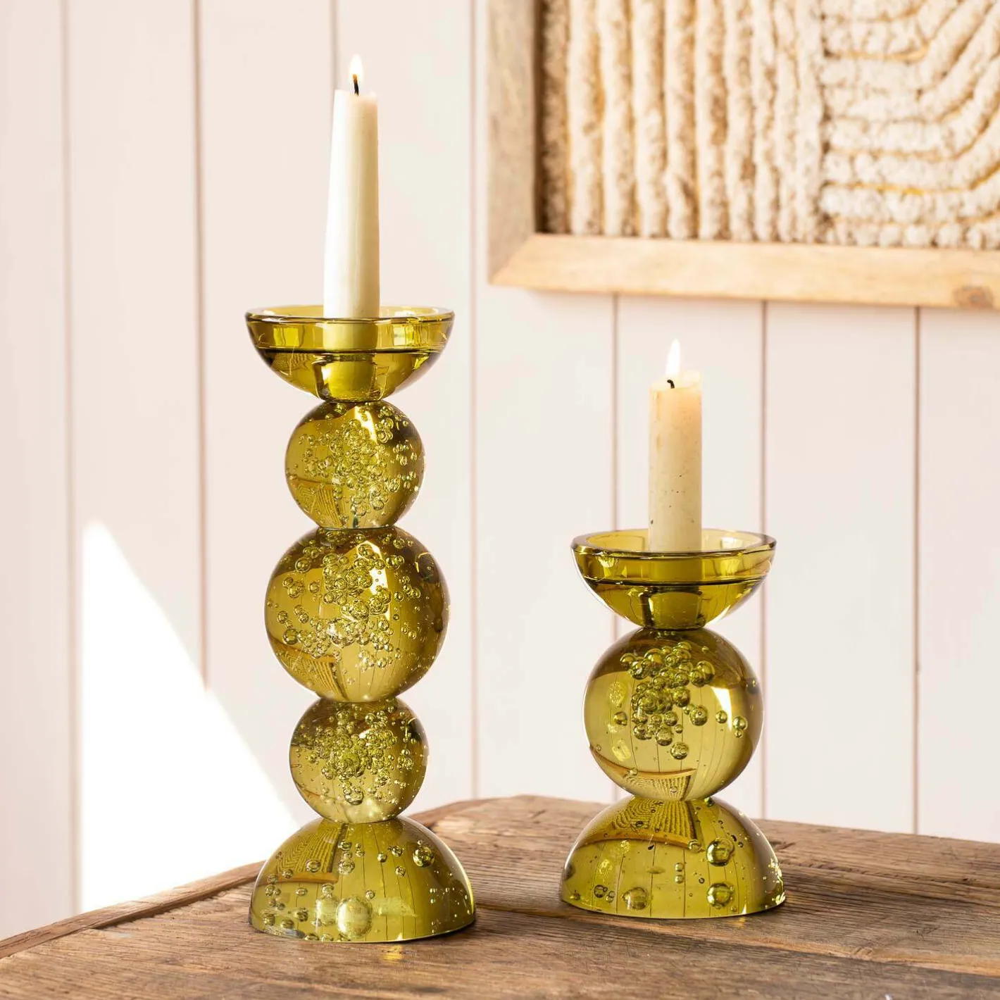 Graham & Green Candle Holders & Candles<Olive Bubble Glass Candle Holders