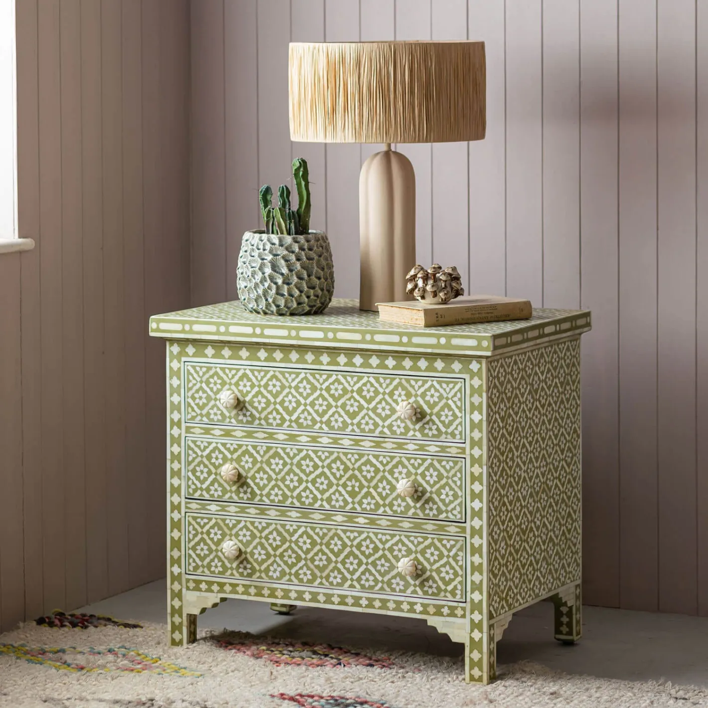 Graham & Green Chests Of Drawers|Chests Of Drawers<Olive Floral Bone Inlay Large Bedside Table