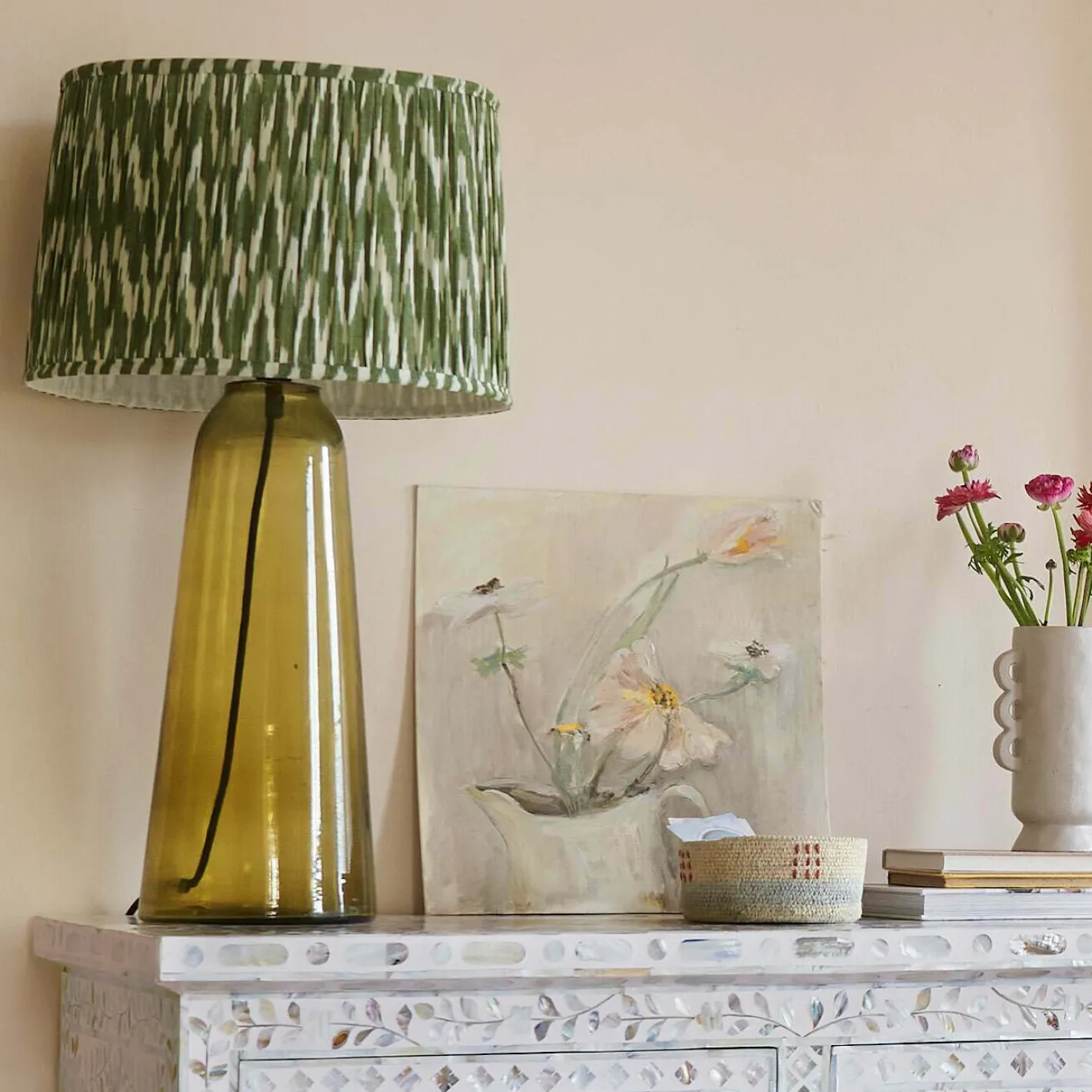 Graham & Green Lamp Shades<Olive Green Pleated Ikat Lamp Shades