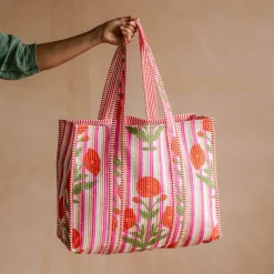 Graham & Green Bags<Pink Stripe and Floral Cotton Tote Bag