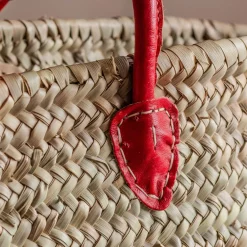 Graham & Green Bags<Red Leather and Natural Woven Palm Shopper Bag
