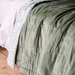 Graham & Green Quilts & Bedding<Sage Green Velvet Quilts with Printed Reverse