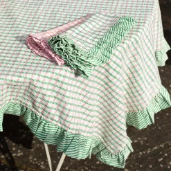 Graham & Green Table Cloths & Napkins|Table Cloths & Napkins<Sundae Green and Pink Block Printed Frill Table Cloths