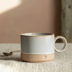 Graham & Green Tableware<White and Brown Stoneware Mug with Heart Detail