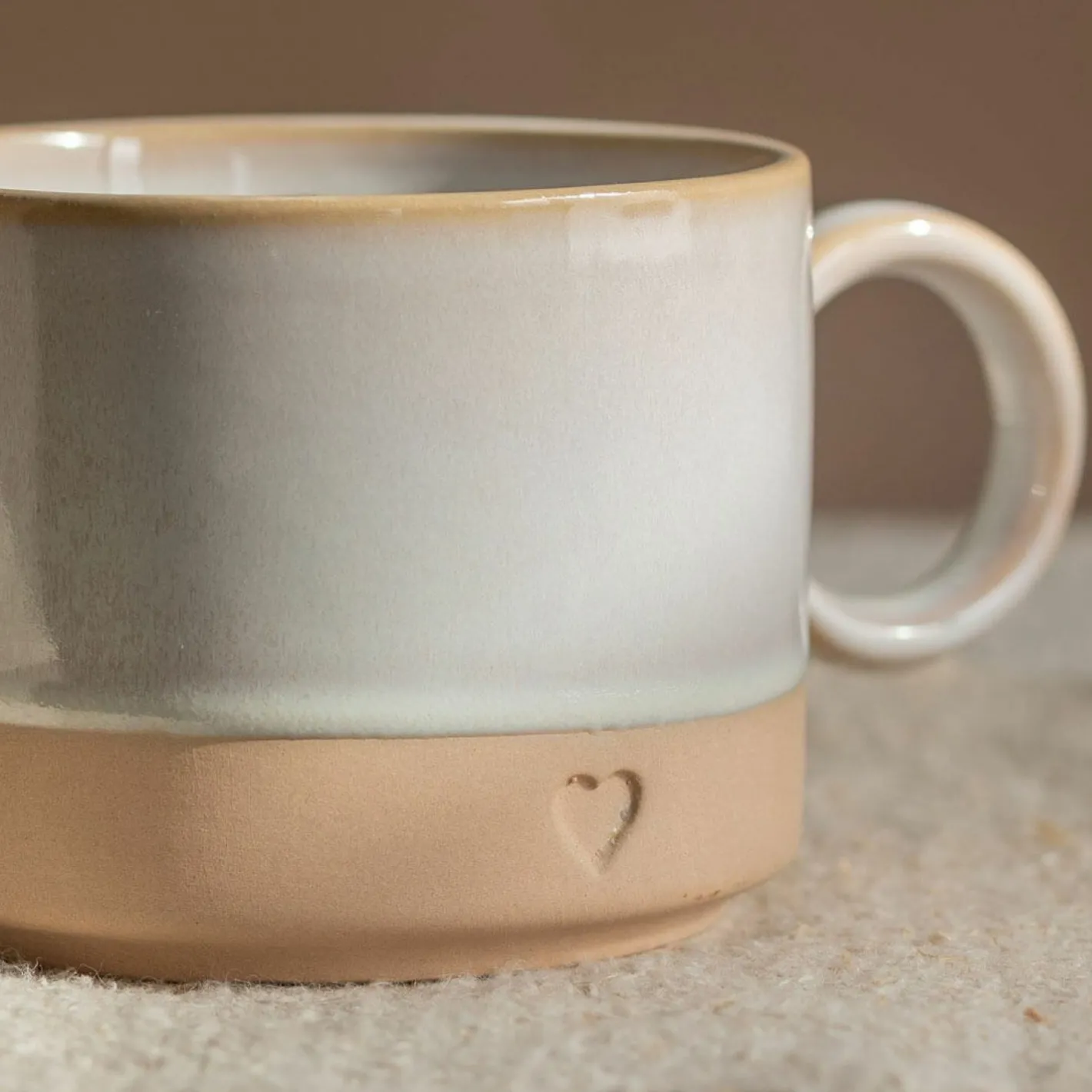 Graham & Green Tableware<White and Brown Stoneware Mug with Heart Detail