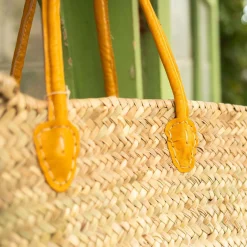 Graham & Green Bags<Yellow Leather and Natural Woven Palm Shopper Bag