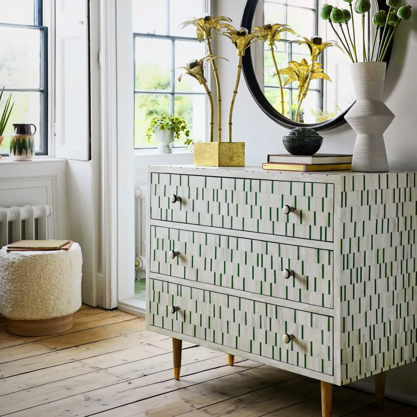 Graham & Green Chests Of Drawers|Chests Of Drawers<Zarina Green Stripe Bone Inlay Chest of Drawers